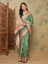 ROOPRANI-Elegant Emerald Green Traditional Printed Saree with Artistic Ethnic Border Design