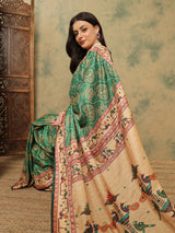 ROOPRANI-Elegant Emerald Green Traditional Printed Saree with Artistic Ethnic Border Design