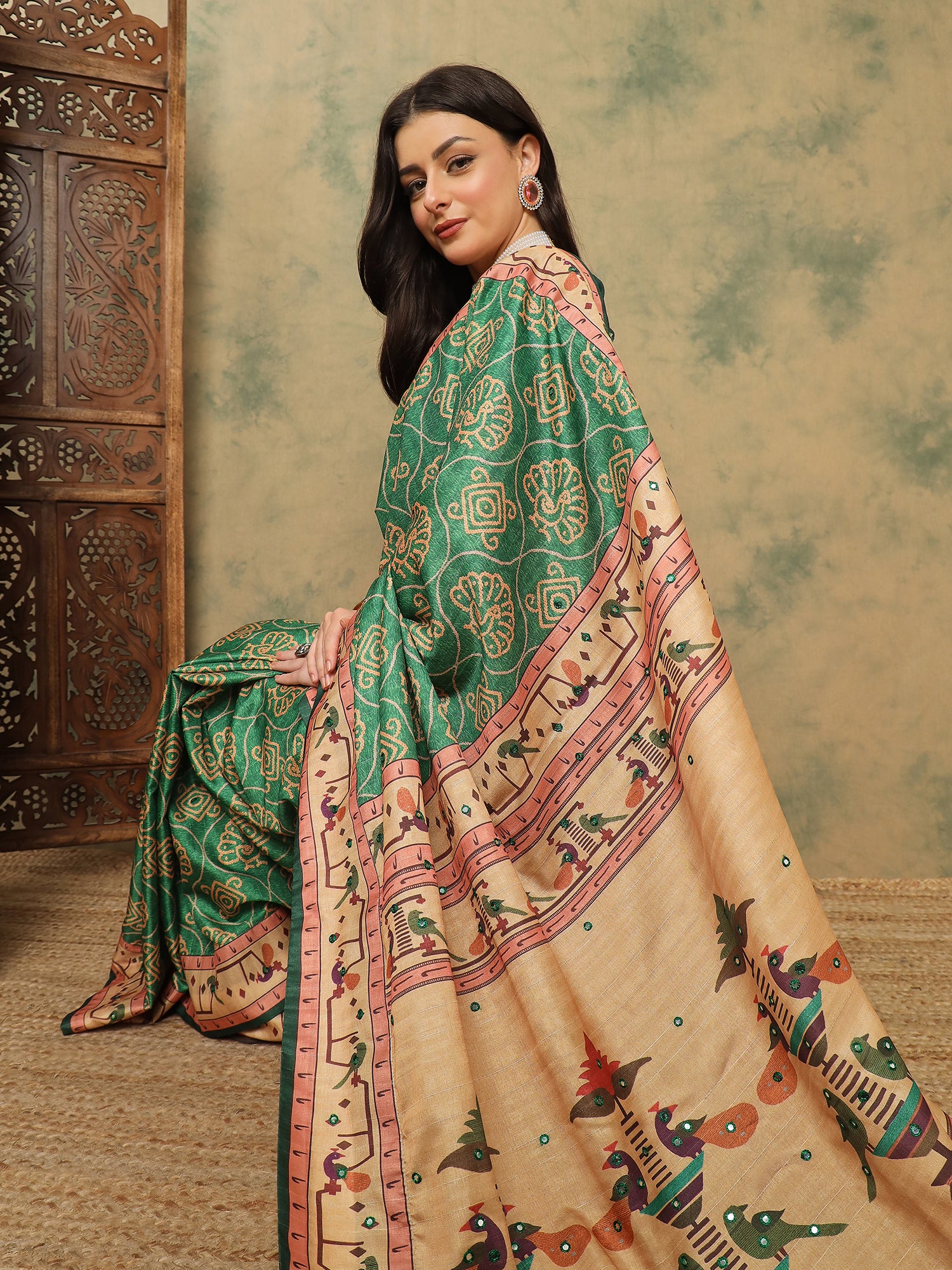 ROOPRANI-Elegant Emerald Green Traditional Printed Saree with Artistic Ethnic Border Design