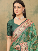 ROOPRANI-Elegant Emerald Green Traditional Printed Saree with Artistic Ethnic Border Design