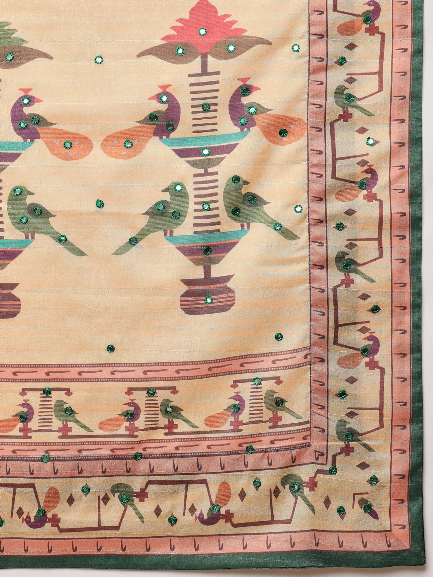 ROOPRANI-Elegant Emerald Green Traditional Printed Saree with Artistic Ethnic Border Design
