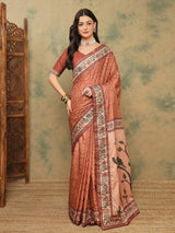 ROOPRANI-Classic Rust Brown Floral Border Saree with Elegant Nature-Inspired Pallu