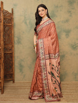 ROOPRANI-Classic Rust Brown Floral Border Saree with Elegant Nature-Inspired Pallu