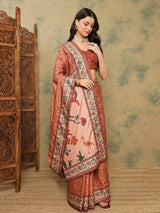 ROOPRANI-Classic Rust Brown Floral Border Saree with Elegant Nature-Inspired Pallu
