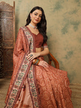 ROOPRANI-Classic Rust Brown Floral Border Saree with Elegant Nature-Inspired Pallu