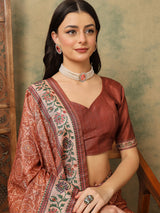 ROOPRANI-Classic Rust Brown Floral Border Saree with Elegant Nature-Inspired Pallu