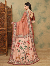 ROOPRANI-Classic Rust Brown Floral Border Saree with Elegant Nature-Inspired Pallu
