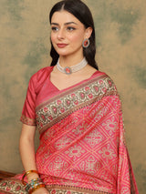 ROOPRANI-Elegant Rani Pink Traditional Woven Saree with Floral Border and Designer Pallu
