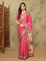 ROOPRANI-Radiant Pink Floral Border Designer Saree with Elegant Bird Motif Pallu