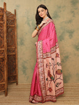 ROOPRANI-Radiant Pink Floral Border Designer Saree with Elegant Bird Motif Pallu