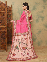 ROOPRANI-Radiant Pink Floral Border Designer Saree with Elegant Bird Motif Pallu