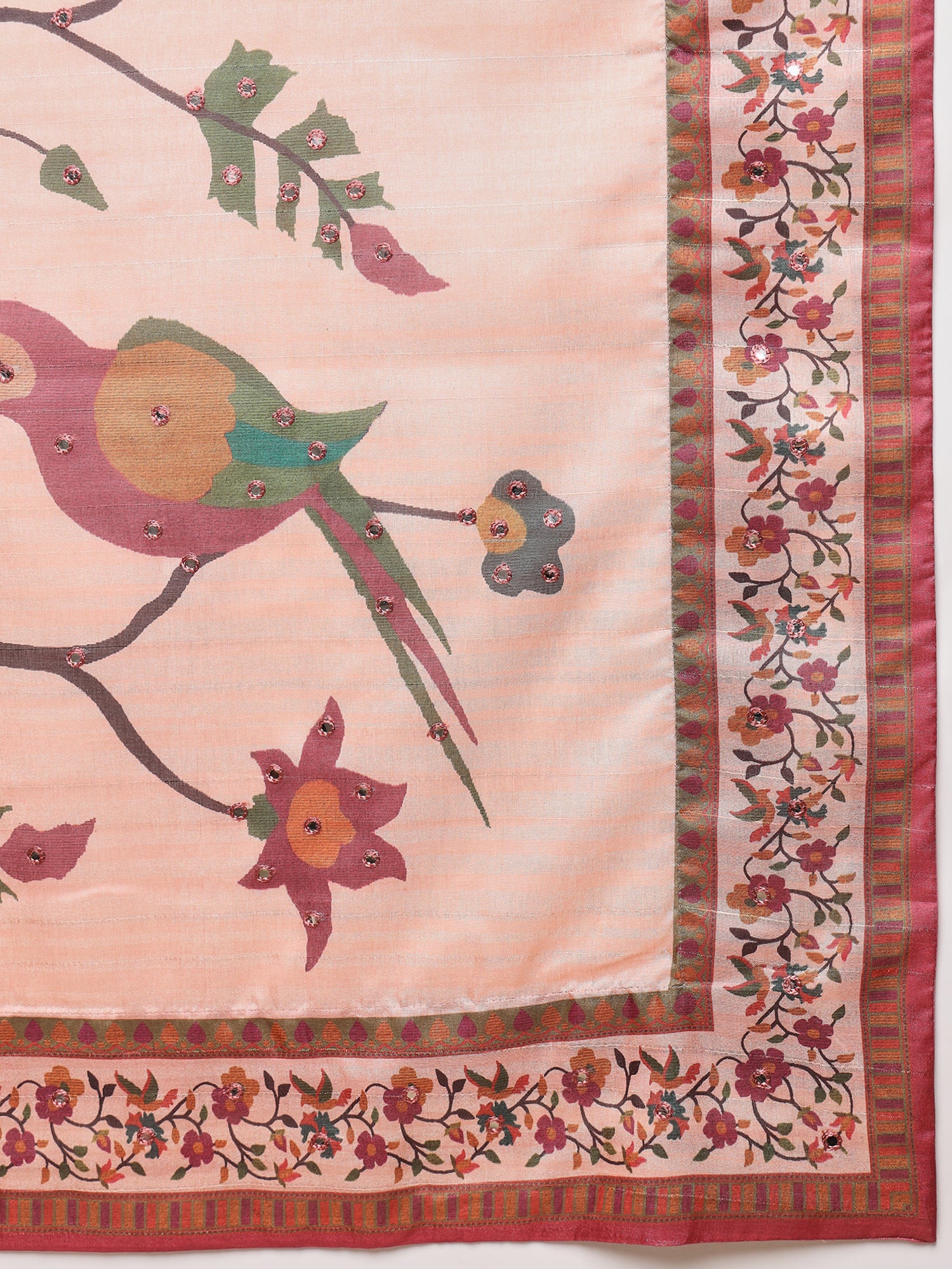 ROOPRANI-Radiant Pink Floral Border Designer Saree with Elegant Bird Motif Pallu