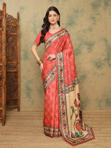 ROOPRANI-Elegant Coral Pink Floral Border Saree with Artistic Peacock Motif Pallu