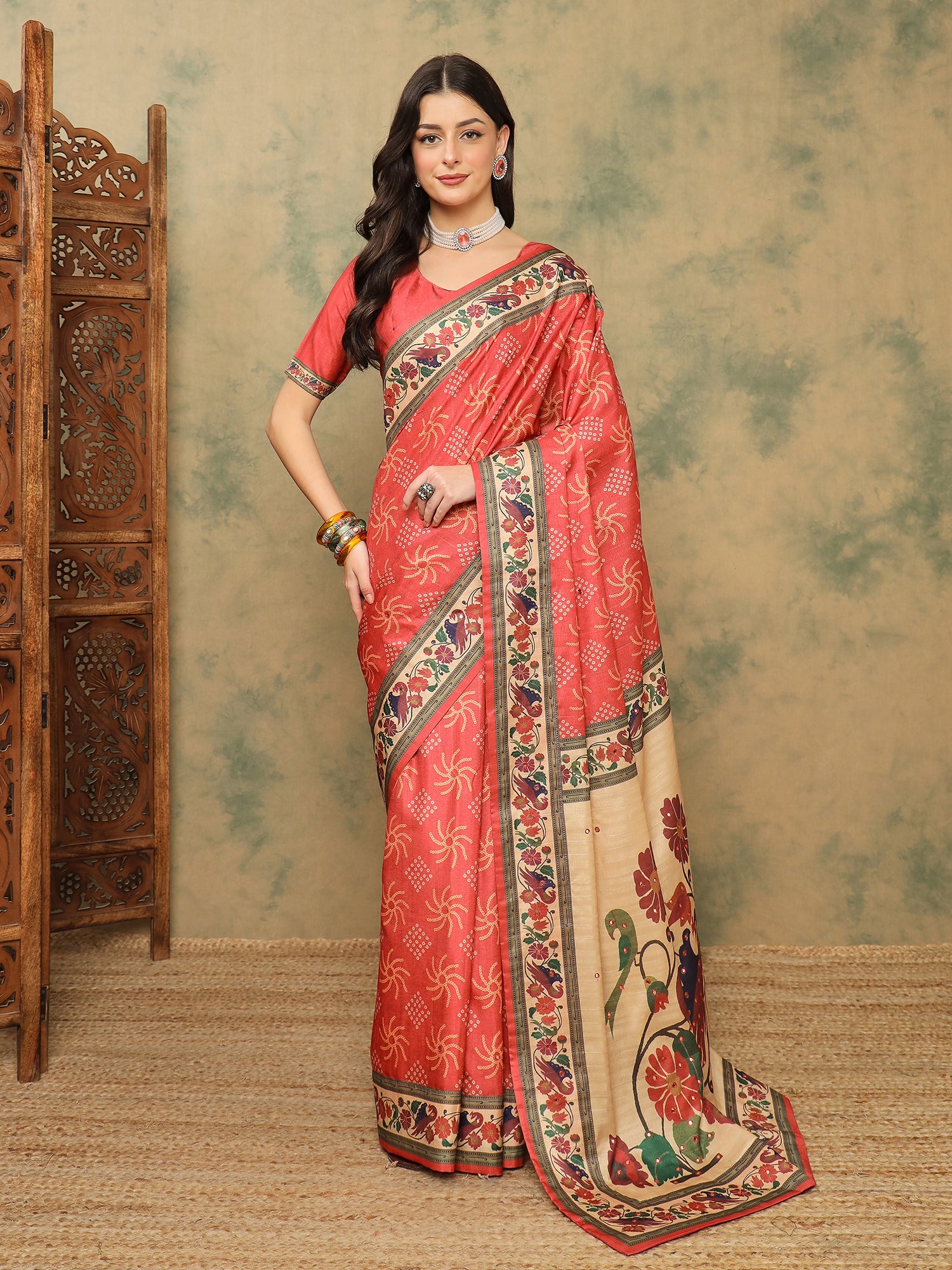 ROOPRANI-Elegant Coral Pink Floral Border Saree with Artistic Peacock Motif Pallu
