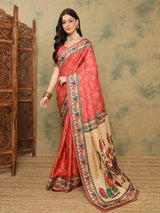 ROOPRANI-Elegant Coral Pink Floral Border Saree with Artistic Peacock Motif Pallu