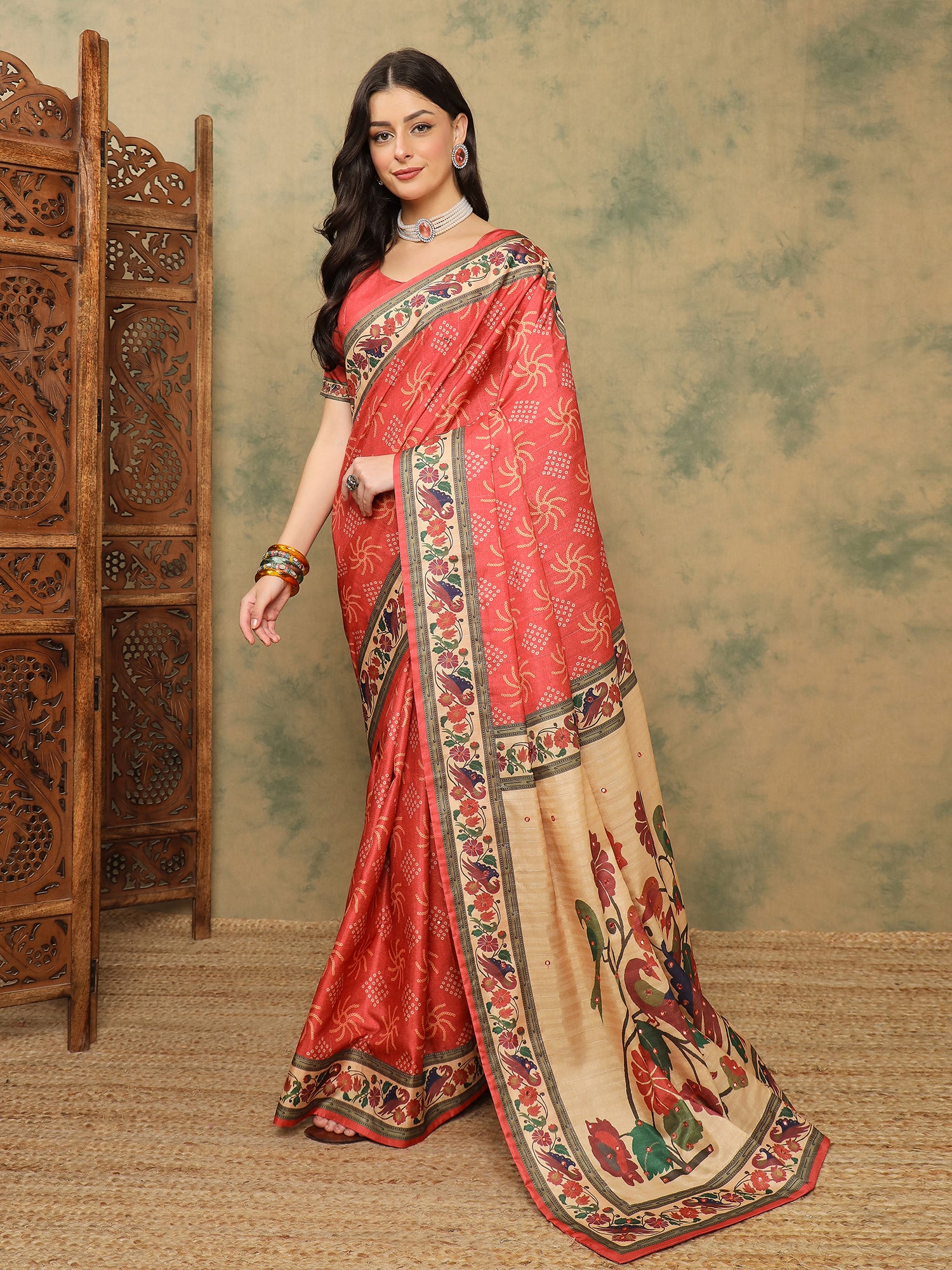 ROOPRANI-Elegant Coral Pink Floral Border Saree with Artistic Peacock Motif Pallu