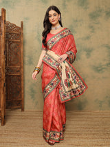 ROOPRANI-Elegant Coral Pink Floral Border Saree with Artistic Peacock Motif Pallu