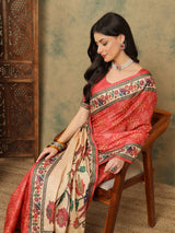 ROOPRANI-Elegant Coral Pink Floral Border Saree with Artistic Peacock Motif Pallu