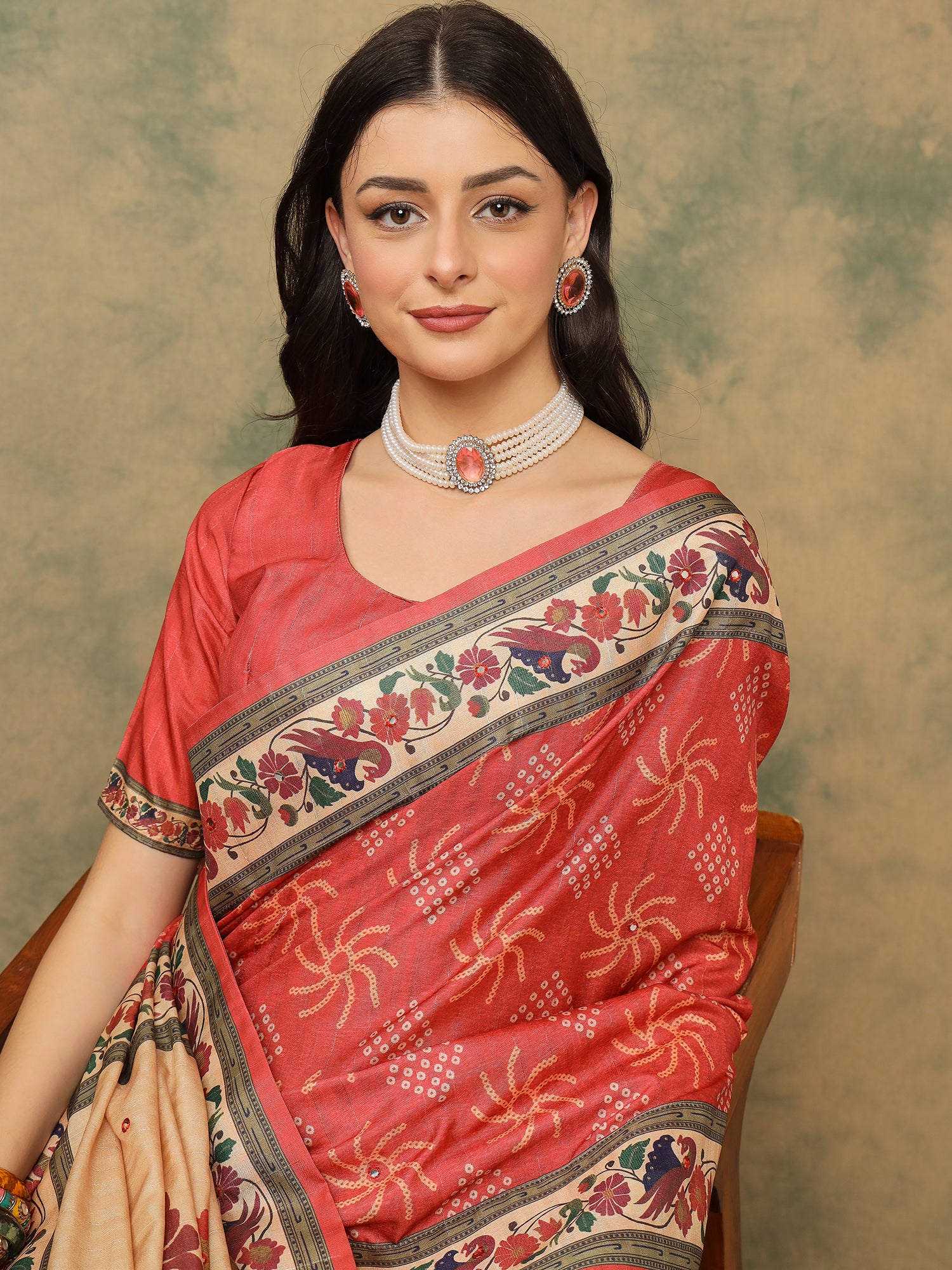 ROOPRANI-Elegant Coral Pink Floral Border Saree with Artistic Peacock Motif Pallu