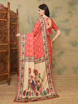 ROOPRANI-Elegant Coral Pink Floral Border Saree with Artistic Peacock Motif Pallu