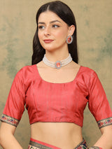 ROOPRANI-Elegant Coral Pink Floral Border Saree with Artistic Peacock Motif Pallu