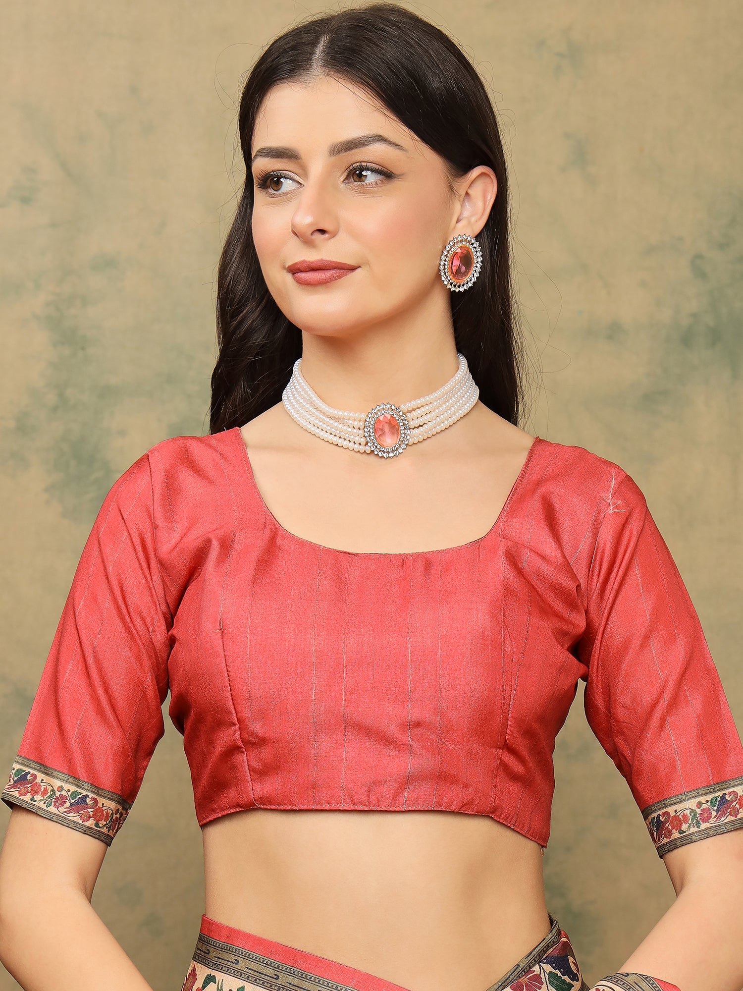 ROOPRANI-Elegant Coral Pink Floral Border Saree with Artistic Peacock Motif Pallu