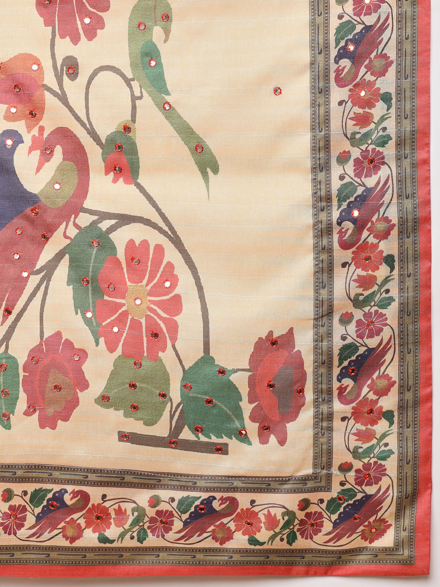 ROOPRANI-Elegant Coral Pink Floral Border Saree with Artistic Peacock Motif Pallu