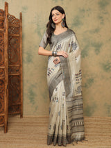 TARANG-Elegant Ivory Tribal Art Printed Saree with Designer Woven Pallu