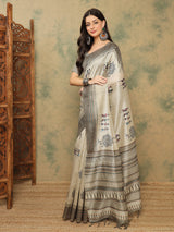 TARANG-Elegant Ivory Tribal Art Printed Saree with Designer Woven Pallu