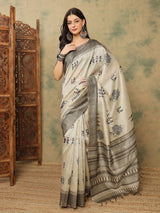 TARANG-Elegant Ivory Tribal Art Printed Saree with Designer Woven Pallu