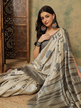 TARANG-Elegant Ivory Tribal Art Printed Saree with Designer Woven Pallu