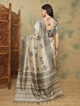 TARANG-Elegant Ivory Tribal Art Printed Saree with Designer Woven Pallu