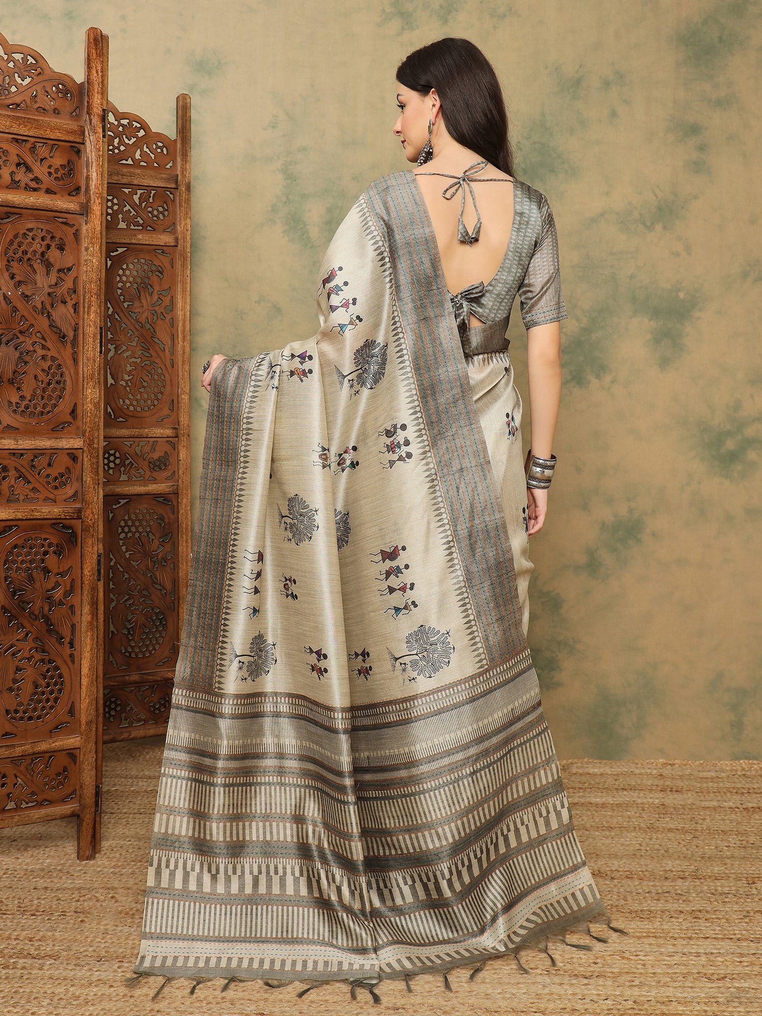 TARANG-Elegant Ivory Tribal Art Printed Saree with Designer Woven Pallu