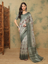 TARANG-Elegant Sage Green Tribal Art Printed Linen Saree with Ethnic Border