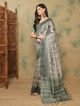 TARANG-Elegant Sage Green Tribal Art Printed Linen Saree with Ethnic Border
