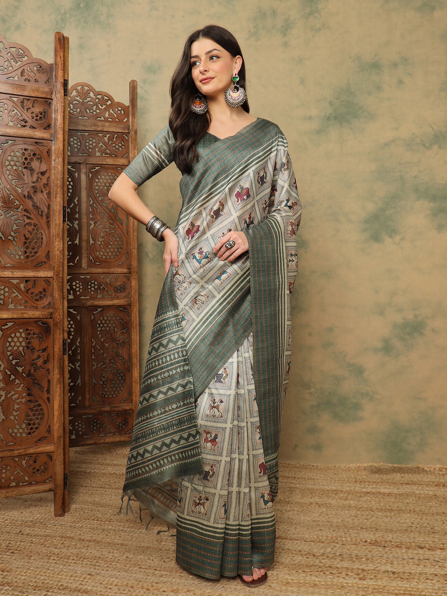 TARANG-Elegant Sage Green Tribal Art Printed Linen Saree with Ethnic Border