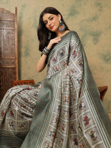 TARANG-Elegant Sage Green Tribal Art Printed Linen Saree with Ethnic Border