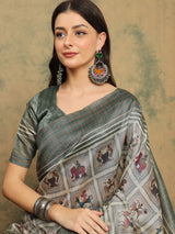 TARANG-Elegant Sage Green Tribal Art Printed Linen Saree with Ethnic Border