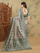 TARANG-Elegant Sage Green Tribal Art Printed Linen Saree with Ethnic Border