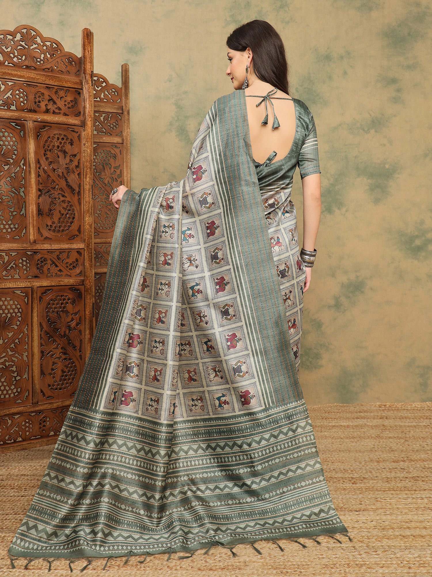 TARANG-Elegant Sage Green Tribal Art Printed Linen Saree with Ethnic Border