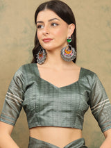 TARANG-Elegant Sage Green Tribal Art Printed Linen Saree with Ethnic Border