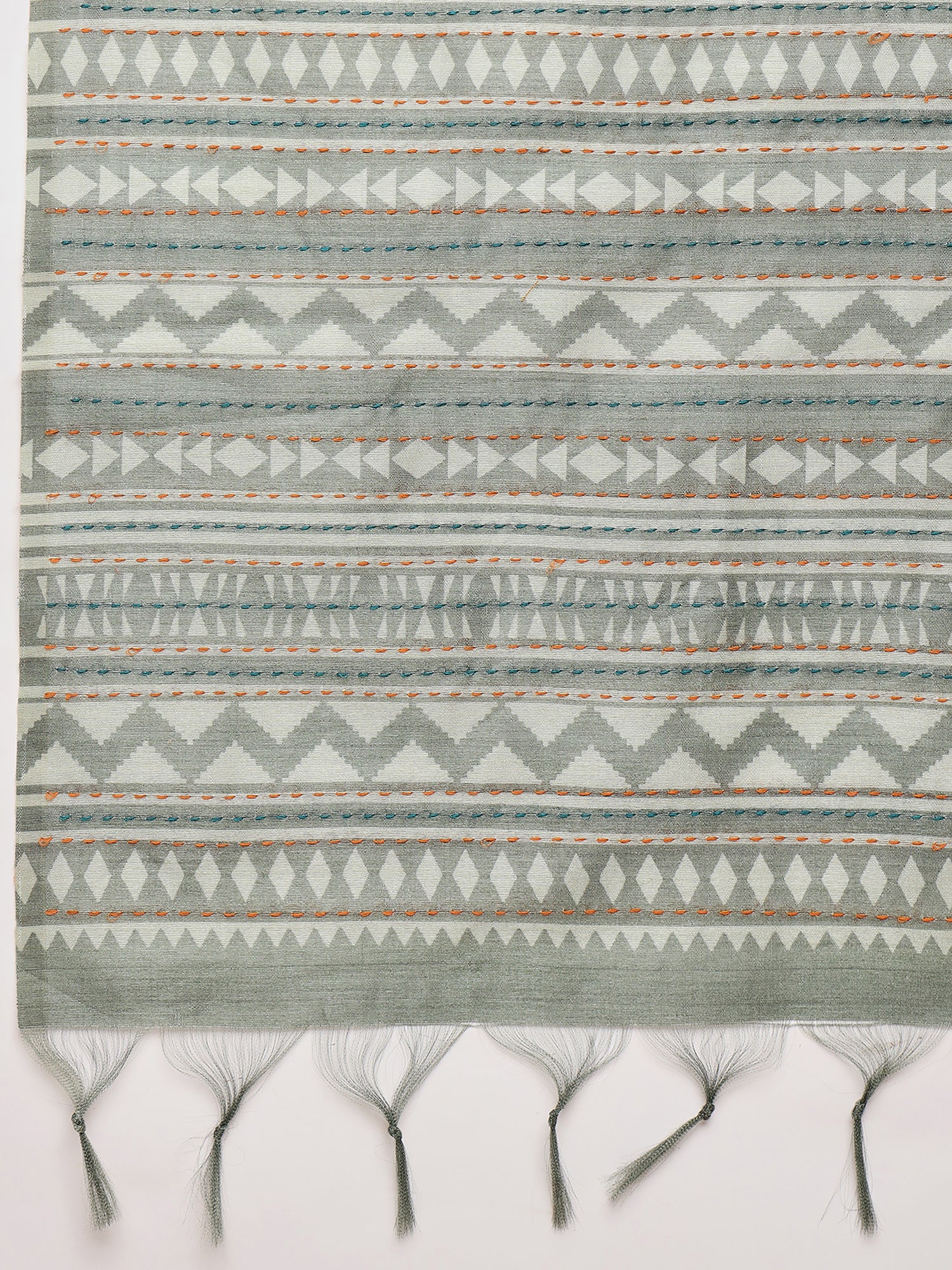 TARANG-Elegant Sage Green Tribal Art Printed Linen Saree with Ethnic Border