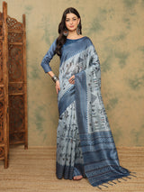 TARANG-Elegant Sky Blue Tribal Art Printed Linen Saree with Designer Pallu