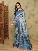 TARANG-Elegant Sky Blue Tribal Art Printed Linen Saree with Designer Pallu