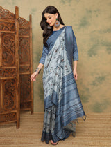 TARANG-Elegant Sky Blue Tribal Art Printed Linen Saree with Designer Pallu
