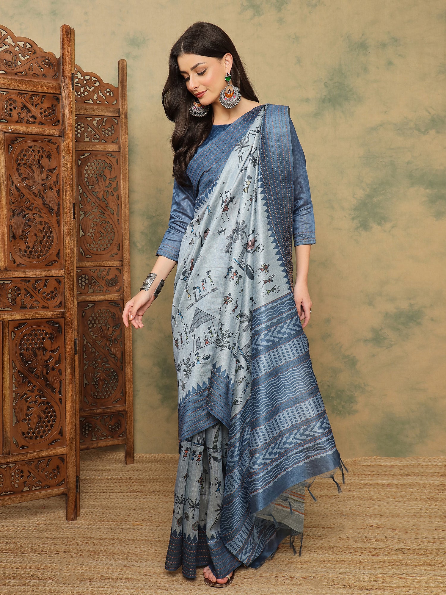TARANG-Elegant Sky Blue Tribal Art Printed Linen Saree with Designer Pallu
