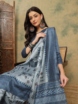 TARANG-Elegant Sky Blue Tribal Art Printed Linen Saree with Designer Pallu