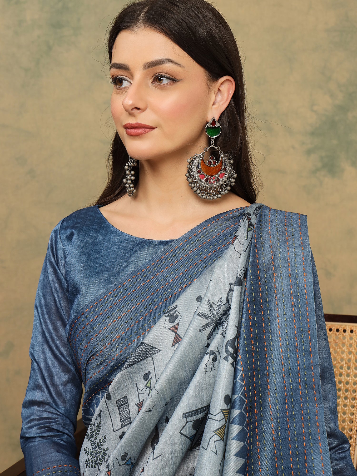 TARANG-Elegant Sky Blue Tribal Art Printed Linen Saree with Designer Pallu