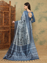 TARANG-Elegant Sky Blue Tribal Art Printed Linen Saree with Designer Pallu