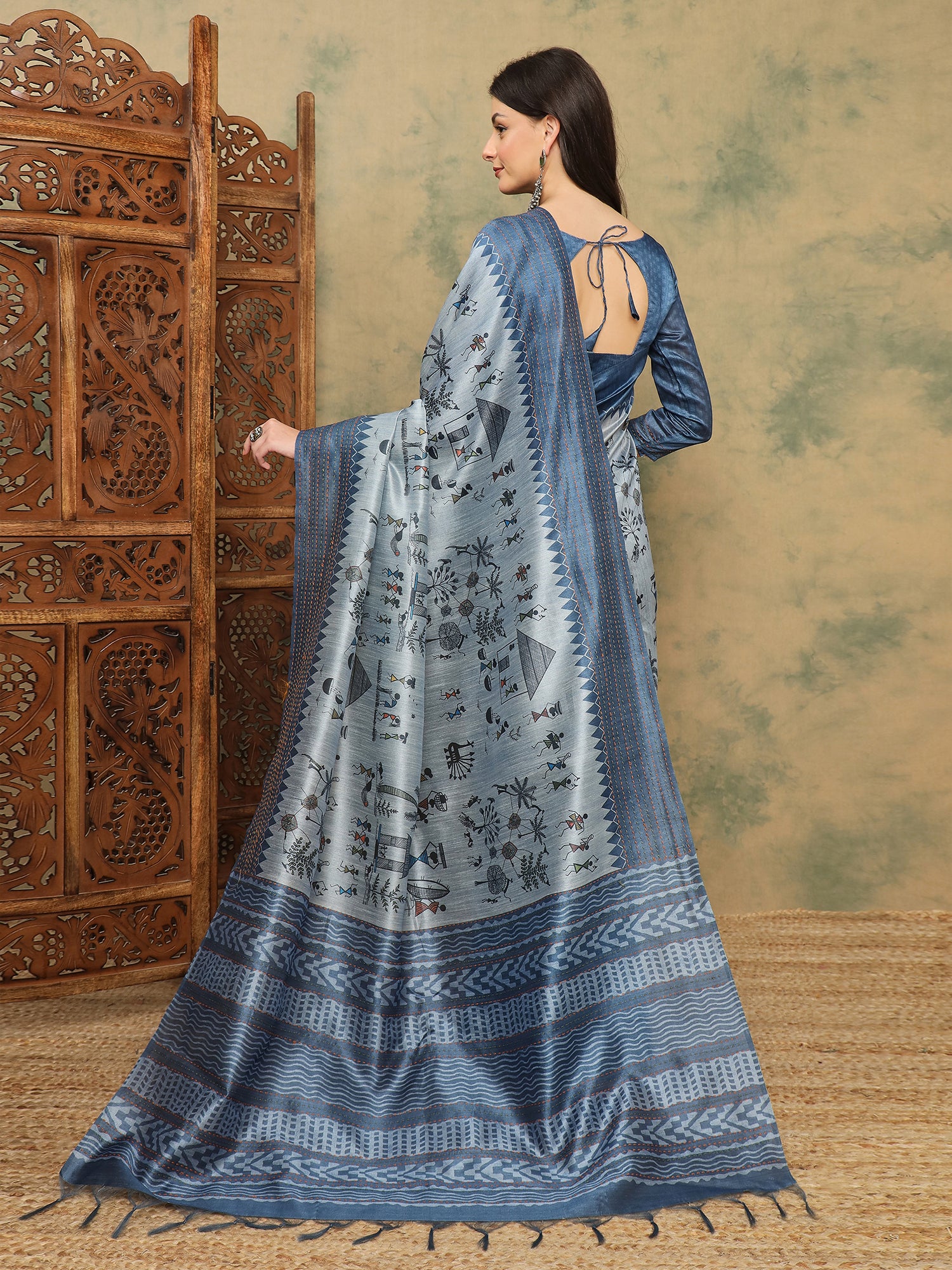 TARANG-Elegant Sky Blue Tribal Art Printed Linen Saree with Designer Pallu